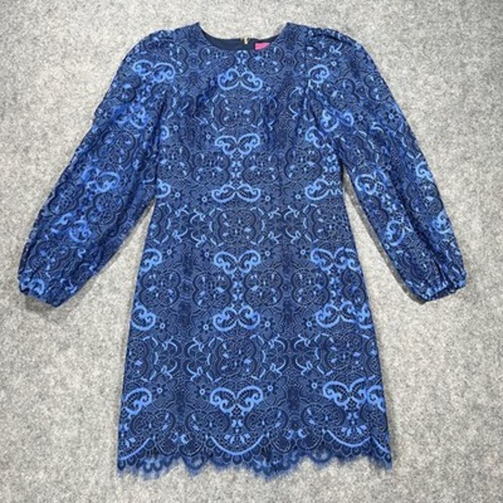 Lilly Pulitzer Dress Womens 2 Blue Georgi Lace Puff Sleeve Shift Party Cocktail